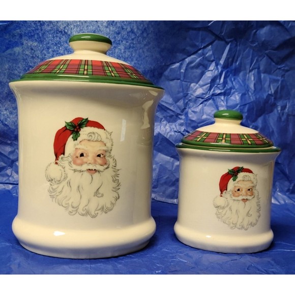 Cracker Barrel "Christmas in The Woods" Set of 2 Canisters/Jars Ivory Santa - Picture 1 of 4